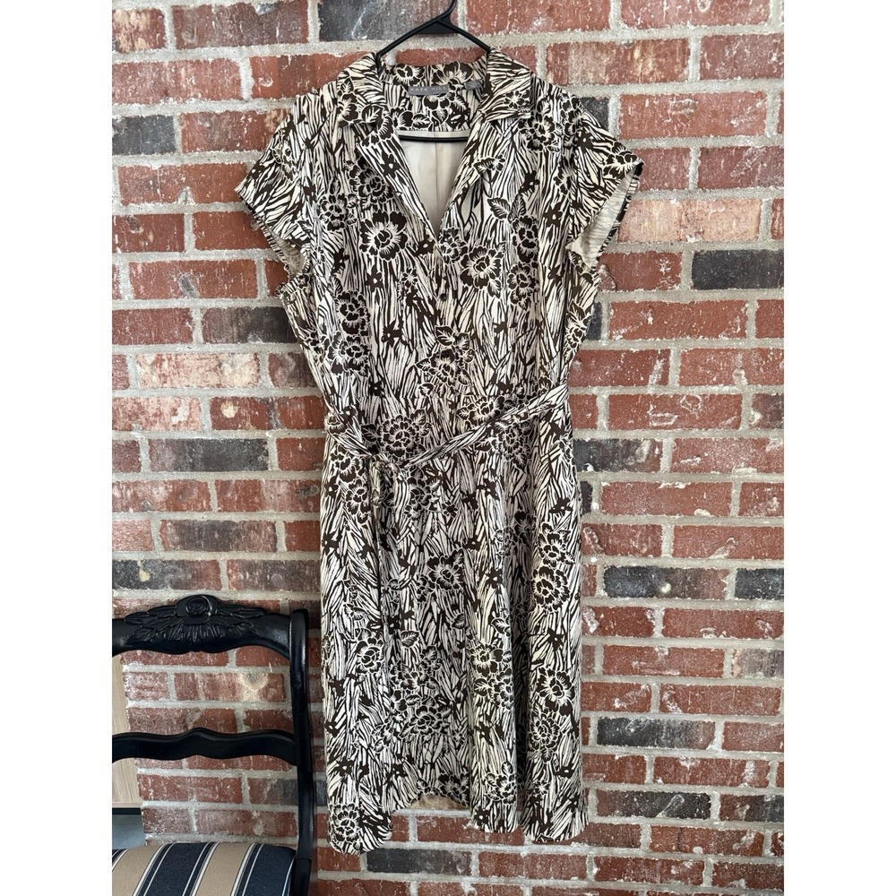 Kate Hill Women's Shirt Dress Brown Cream Floral A-Line Size 18 100% Silk